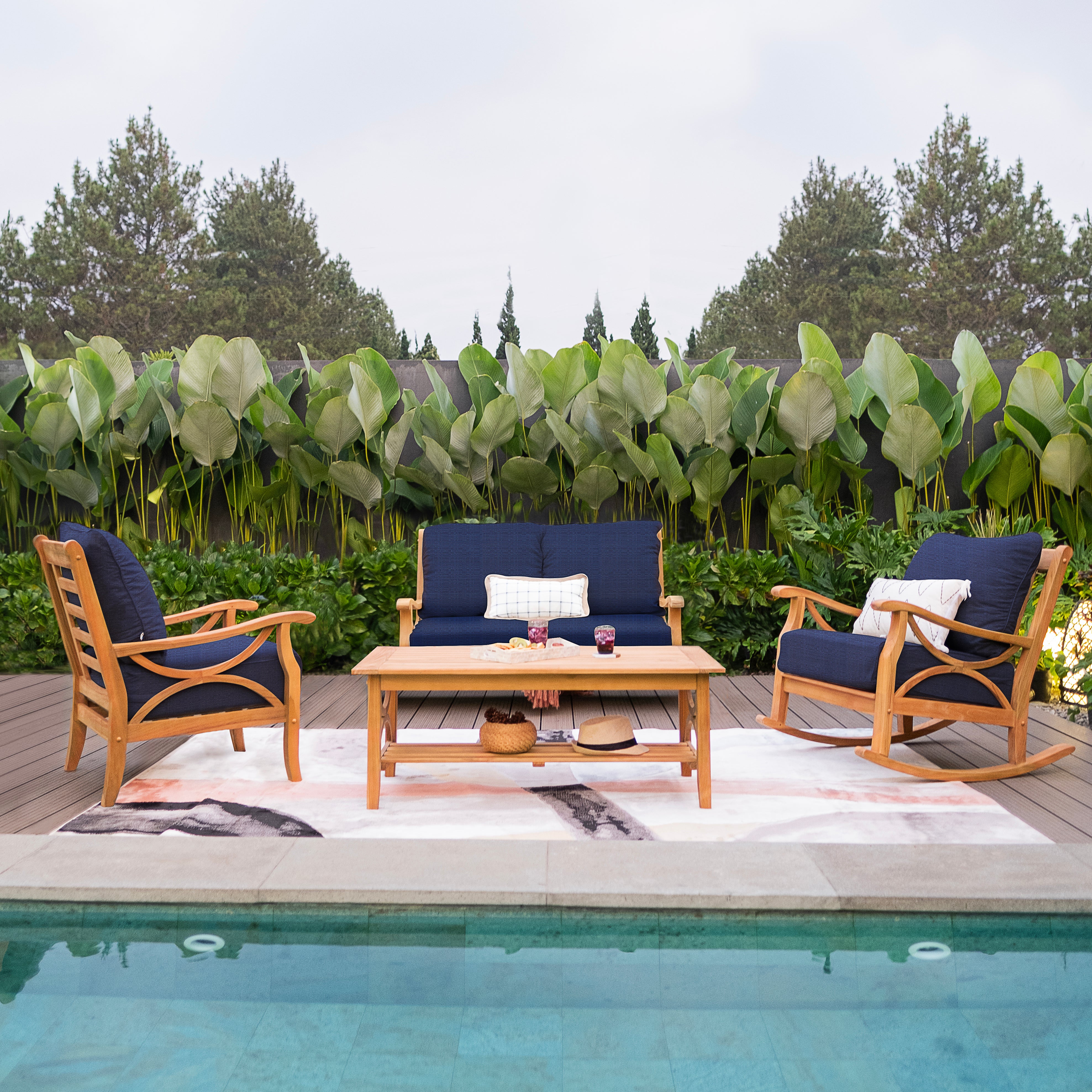 Abbington Teak Wood 4 Piece Patio Conversation Set with Navy Cushion