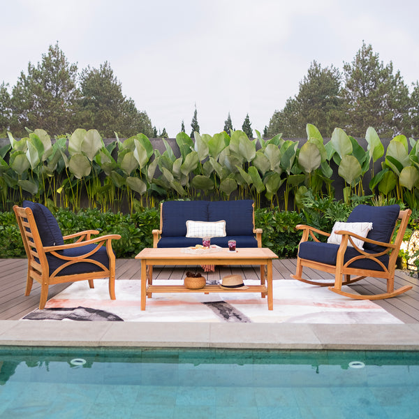 Abbington Teak Wood 4 Piece Patio Conversation Set with Navy Cushion