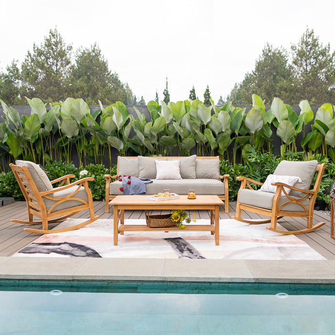 Abbington Solid Wood 4 Piece Outdoor Conversation Set with Beige Cushion