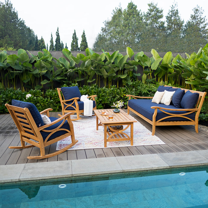 Abbington Solid Wood 4 Piece Outdoor Conversation Set with Navy Cushion