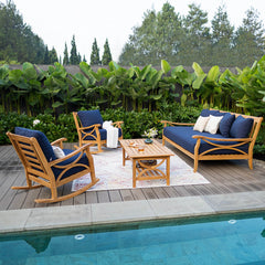Abbington Solid Teak Wood 4 Piece Outdoor Conversation Set with Navy Cushion