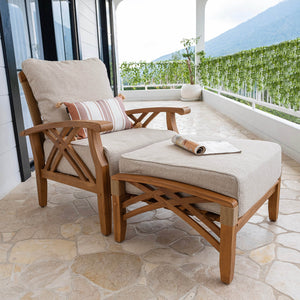 Carmel Teak Wood Outdoor Lounge Chair with Ottoman Tan Cushion - Cambridge Casual