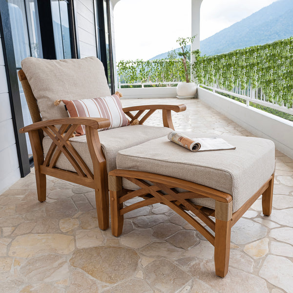 Carmel Teak Wood Outdoor Lounge Chair with Ottoman Tan Cushion