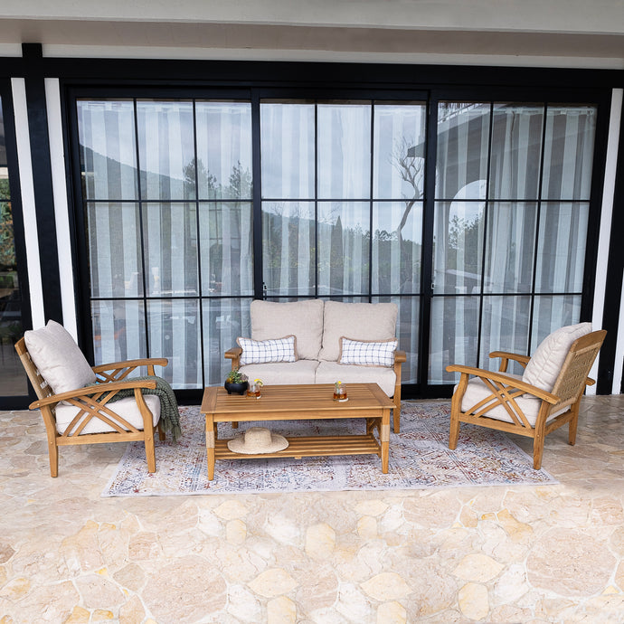 Carmel 4 Piece Teak Wood Patio Conversation Set with Tan Cushion