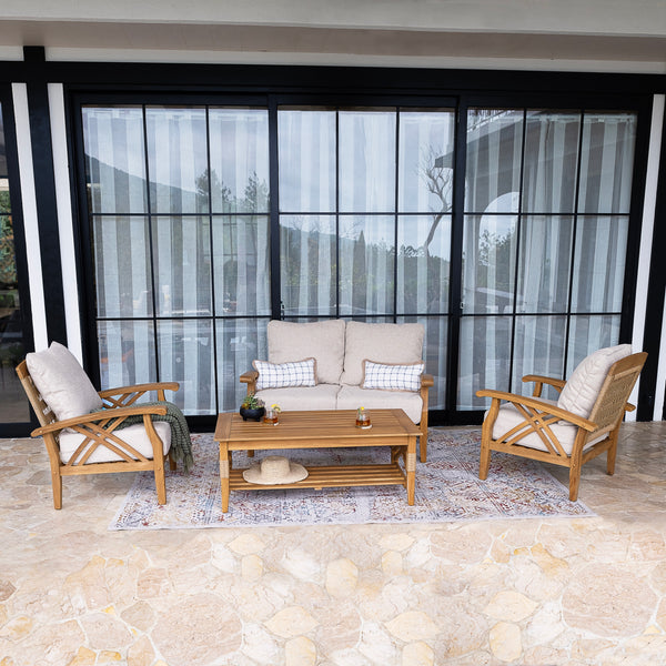 Carmel 4 Piece Teak Wood Patio Conversation Set with Tan Cushion