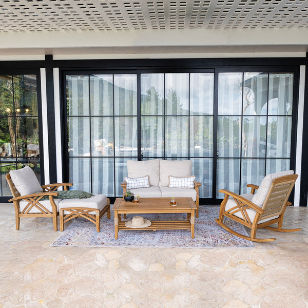 Carmel 5 Piece Teak Wood Patio Conversation Set with Tan Cushion