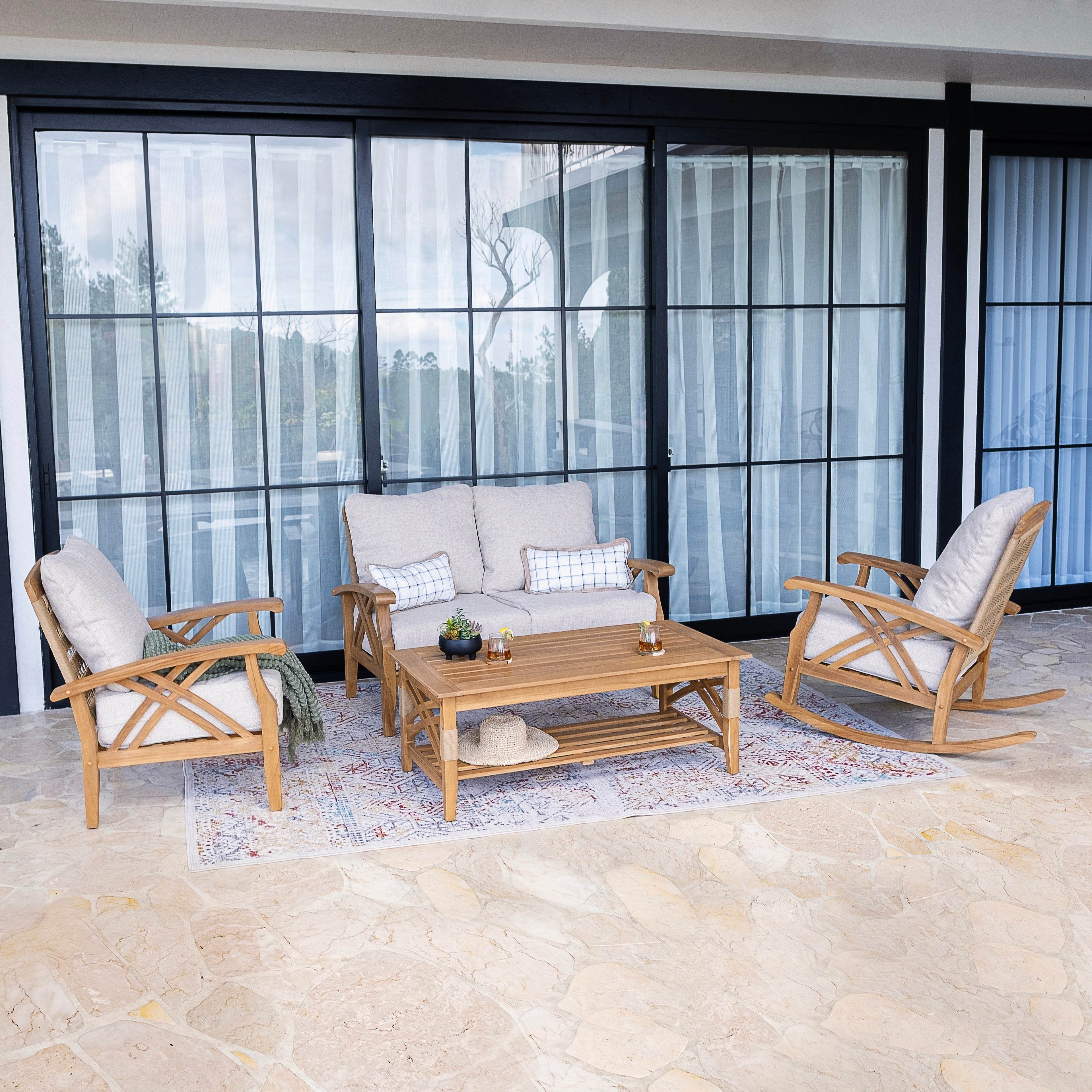 Carmel 4 Pieces Teak Wood Patio Conversation Set with Tan Cushion - Cambridge Casual