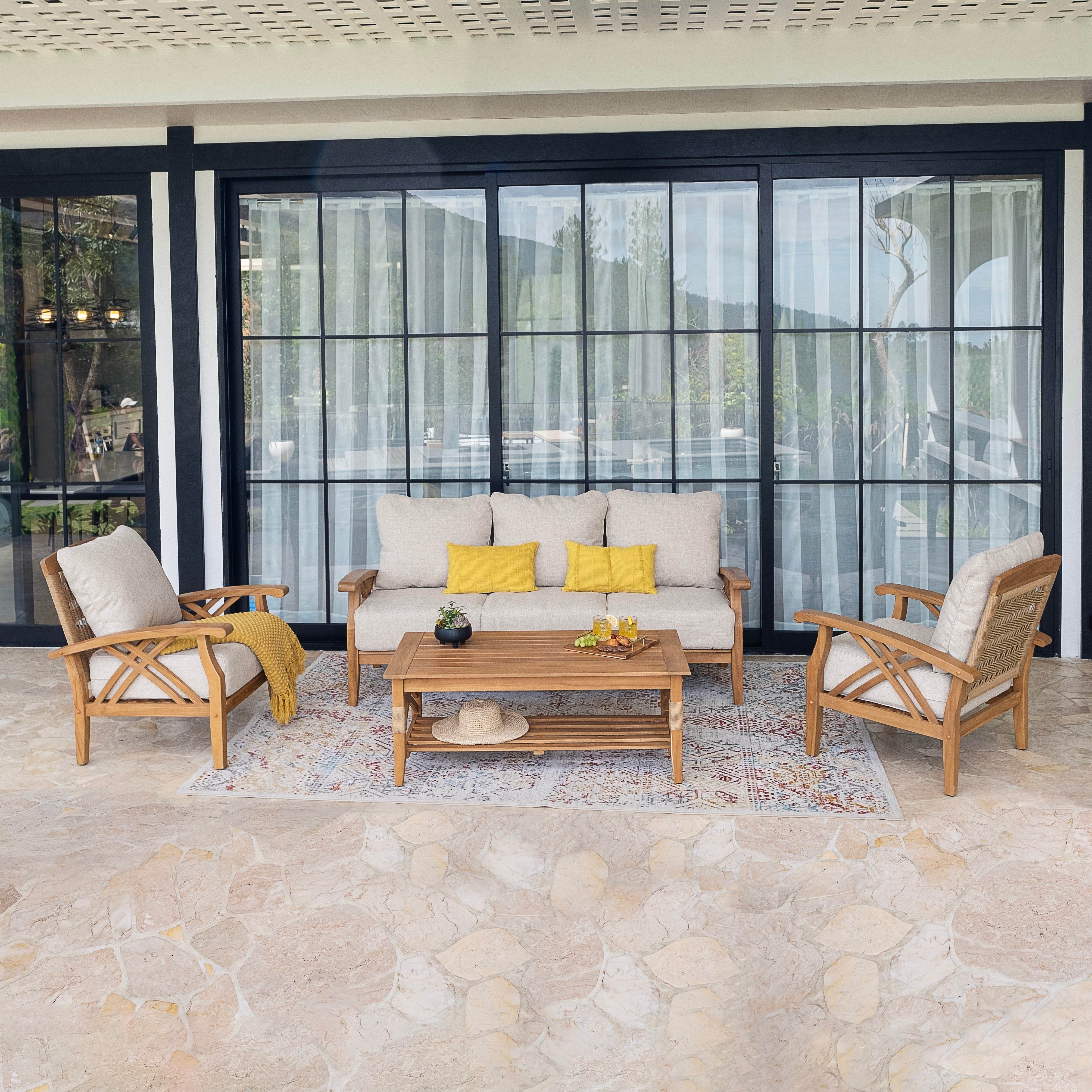 Carmel 4 Piece Teak Wood Patio Conversation Set with Honey Twist Wicker - Cambridge Casual