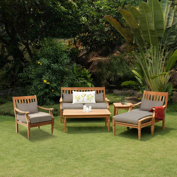 Lisbon Teak Wood 6 Piece Patio Conversation Set with Sunbrella Cast Shale Cushion