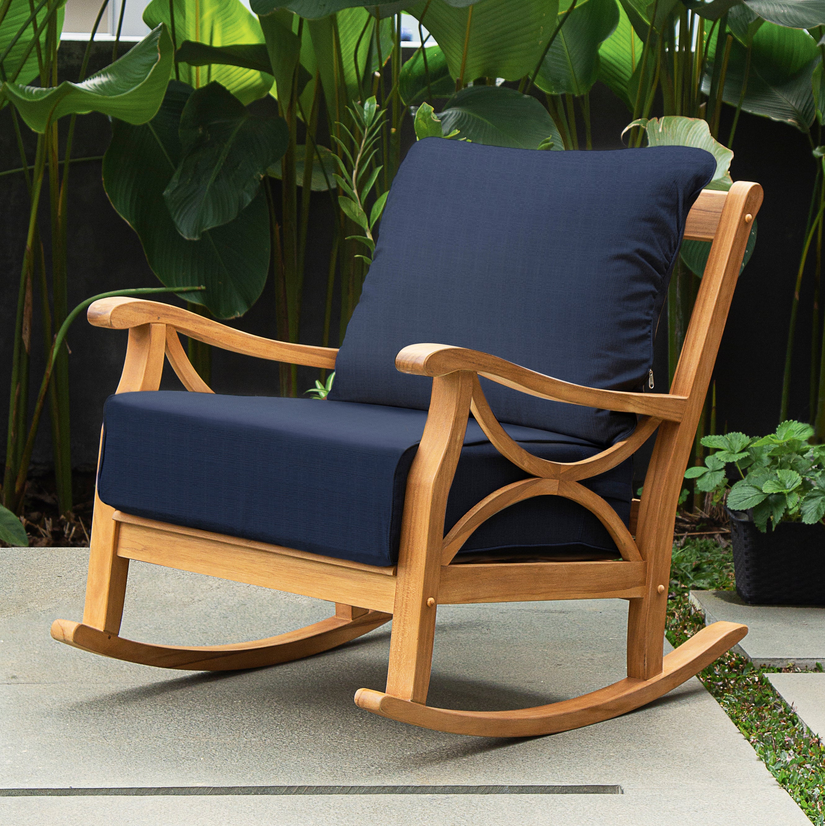 Abbington Teak Wood Outdoor Rocking Chair with Navy Cushion