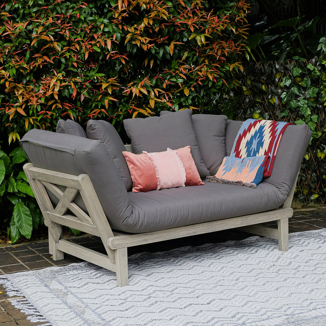 Carlota Mahogany Wood Outdoor Convertible Sofa Daybed with Gray Cushion - Cambridge Casual [DETAILS]