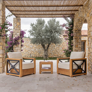 Provence Teak Wood 3 Pieces Patio Conversation Set with Ivory Cushion
