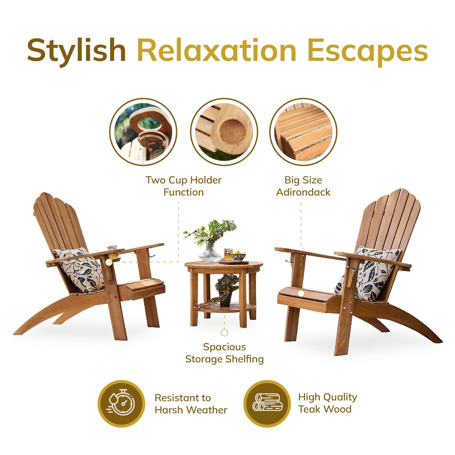 Richmond Teak Wood 3 Piece Patio Adirondack Conversation Set