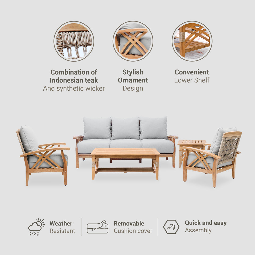 Carmel Teak Wood 5 Piece Patio Conversation Set with Oyster Cushion [DETAILS]
