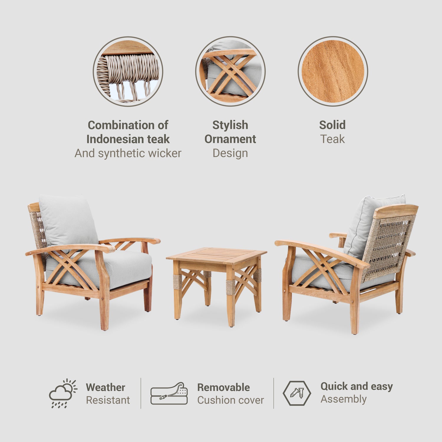 Carmel Teak Wood 3 Piece Patio Conversation Set with Oyster Cushion [DETAILS]