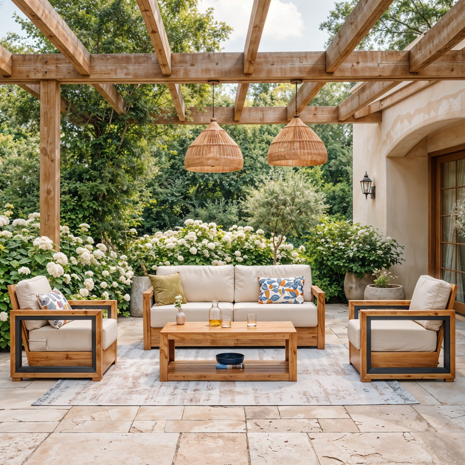 Hans Teak Wood 4 Piece Patio Conversation Set with Ivory Cushion