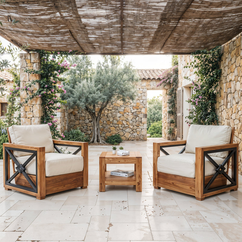 Provence Teak Wood 3 Pieces Patio Conversation Set with Ivory Cushion