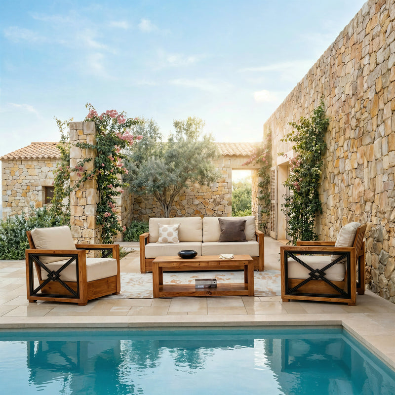 Provence Teak Wood 4 Piece Patio Conversation Set with Ivory Cushion