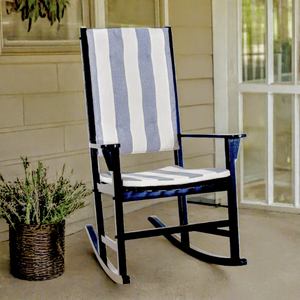 Moni Mahogany Wood Black Porch Rocking Chair with Blue Stripe Cushion