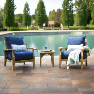 Caterina Teak Wood 3 Piece Patio Conversation Set with Navy Cushion