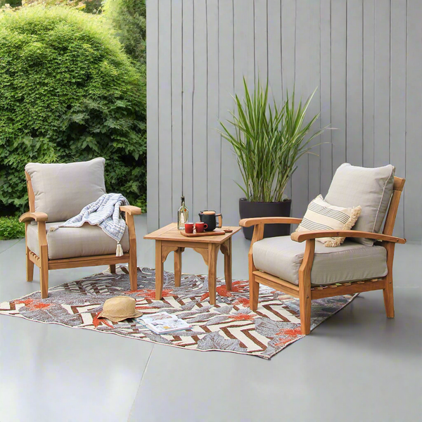 Caterina Teak Wood 3 Piece Patio Conversation Set with Beige Cushion