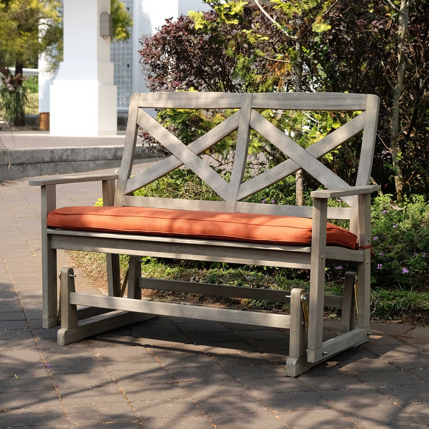 Carlota Mahogany Wood Outdoor Glider Bench with Brick Cushion - Cambridge Casual