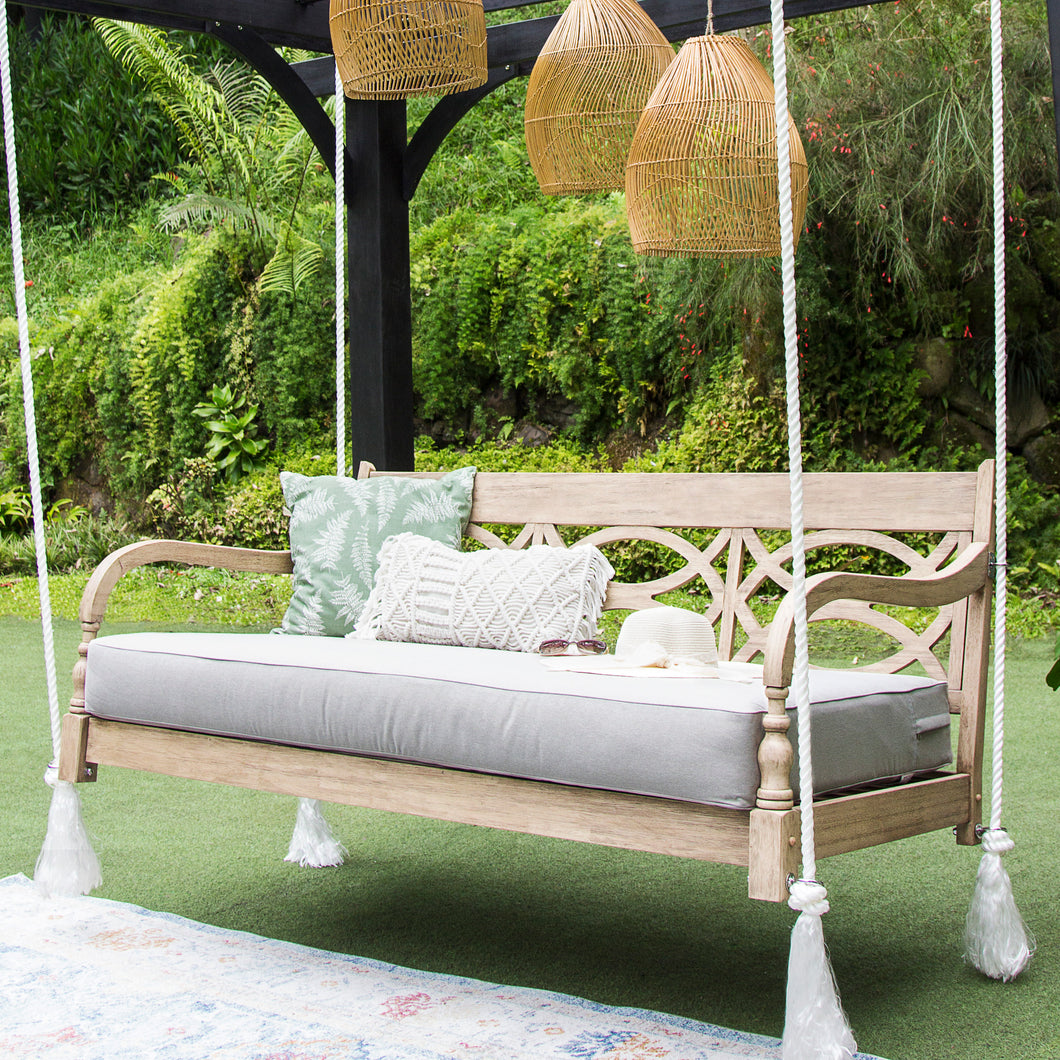 Renley Mahogany Wood Lime Wash Outdoor Swing Daybed with Oyster Cushion