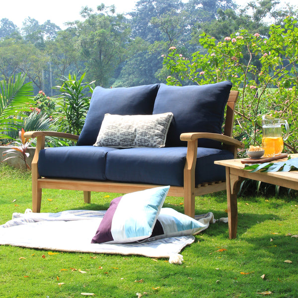 Caterina Teak Wood Outdoor Loveseat with Navy Cushion - Cambridge Casual