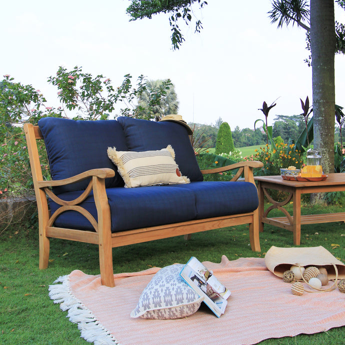 Abbington Teak Wood Outdoor Loveseat with Navy Cushion - Cambridge Casual [DETAILS]