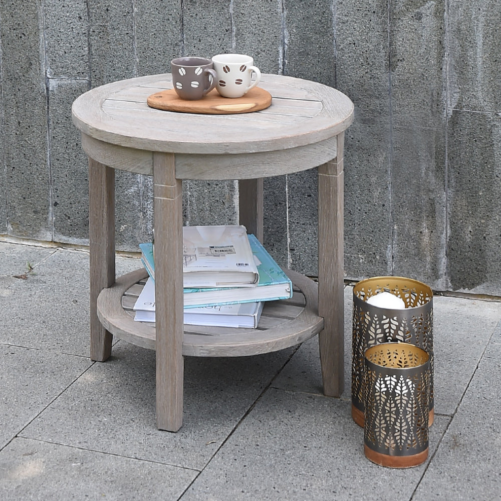 [DETAILS] Richmond Weathered Teak Wood Outdoor Side Table with Shelf - Cambridge Casual