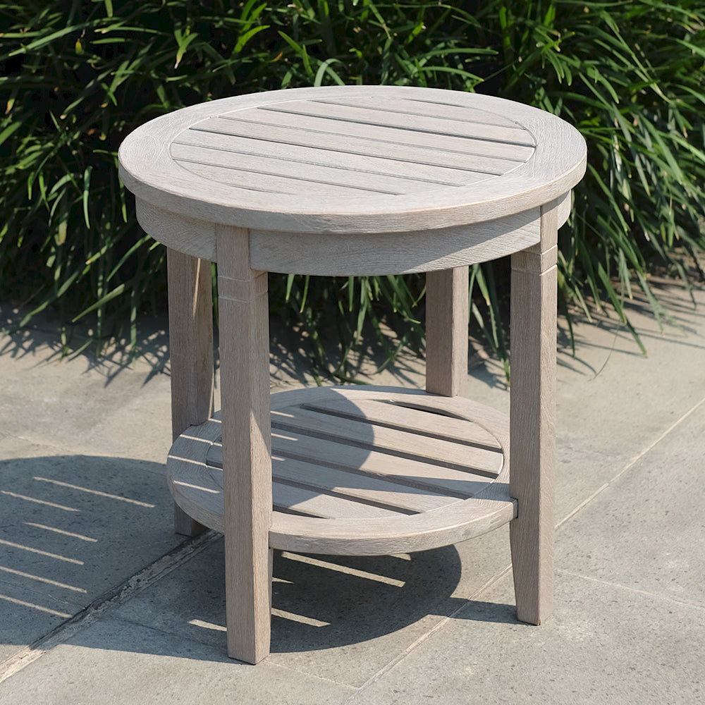 [DETAILS] Richmond Weathered Teak Wood Outdoor Side Table with Shelf - Cambridge Casual