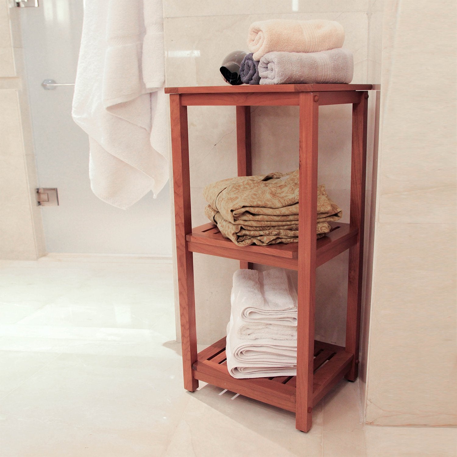 Dussi Teak Wood Freestanding 3 Tier Bathroom Storage Shelf - Cambridge Casual