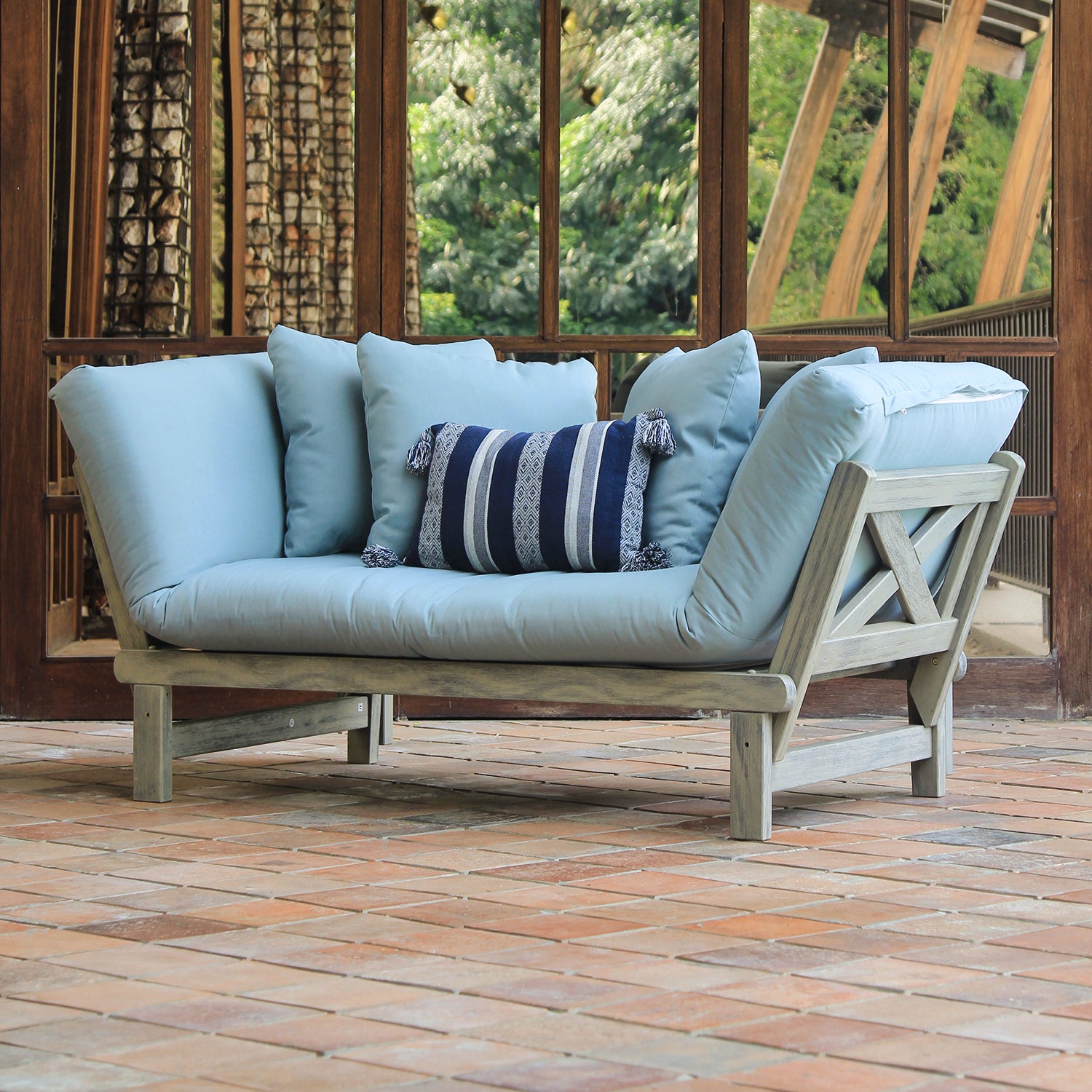 Carlota Mahogany Wood Outdoor Convertible Sofa Daybed - Weathered Gray Wood / Blue Spruce Cushion - Cambridge Casual