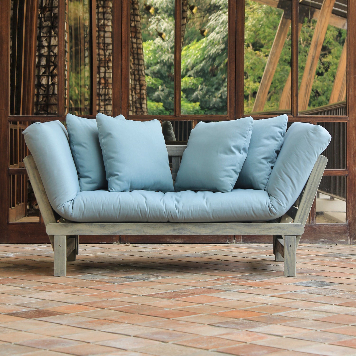 Carlota Mahogany Wood Outdoor Convertible Sofa Daybed - Weathered Gray Wood / Blue Spruce Cushion - Cambridge Casual