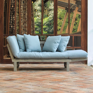 Carlota Mahogany Wood Outdoor Convertible Sofa Daybed - Weathered Gray Wood / Blue Spruce Cushion - Cambridge Casual