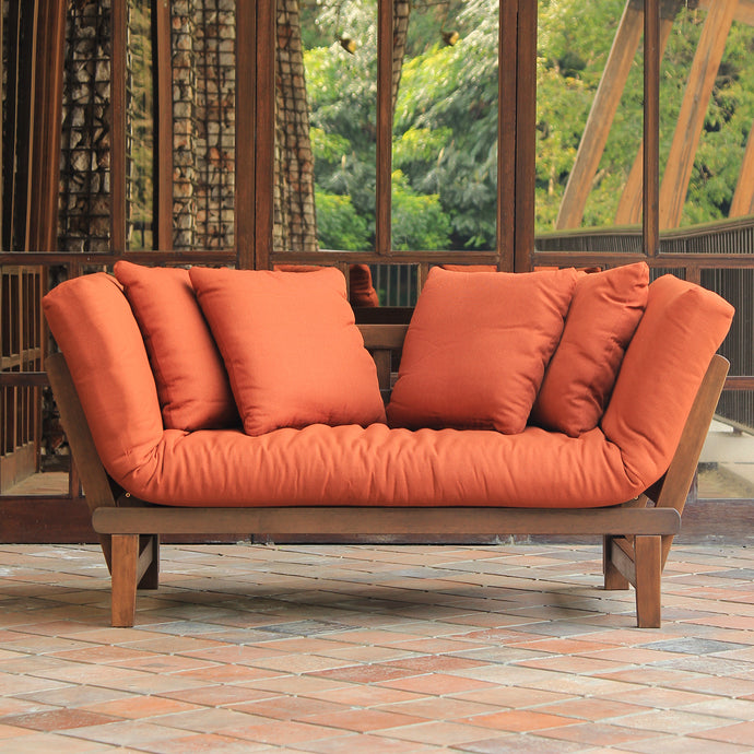 Carlota Mahogany Wood Outdoor Convertible Sofa Daybed - Natural Brown Wood / Brick Cushion - Cambridge Casual