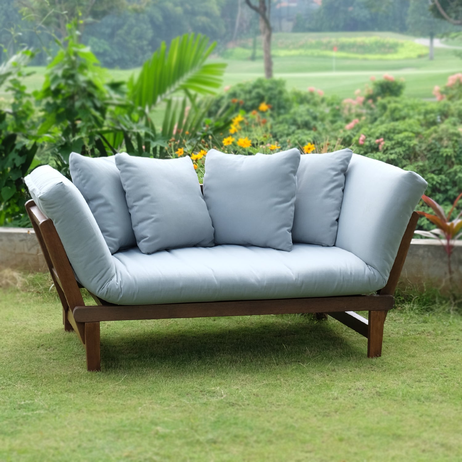 Carlota Mahogany Wood Outdoor Convertible Sofa Daybed - Natural Brown Wood / Blue Spruce Cushion - Cambridge Casual