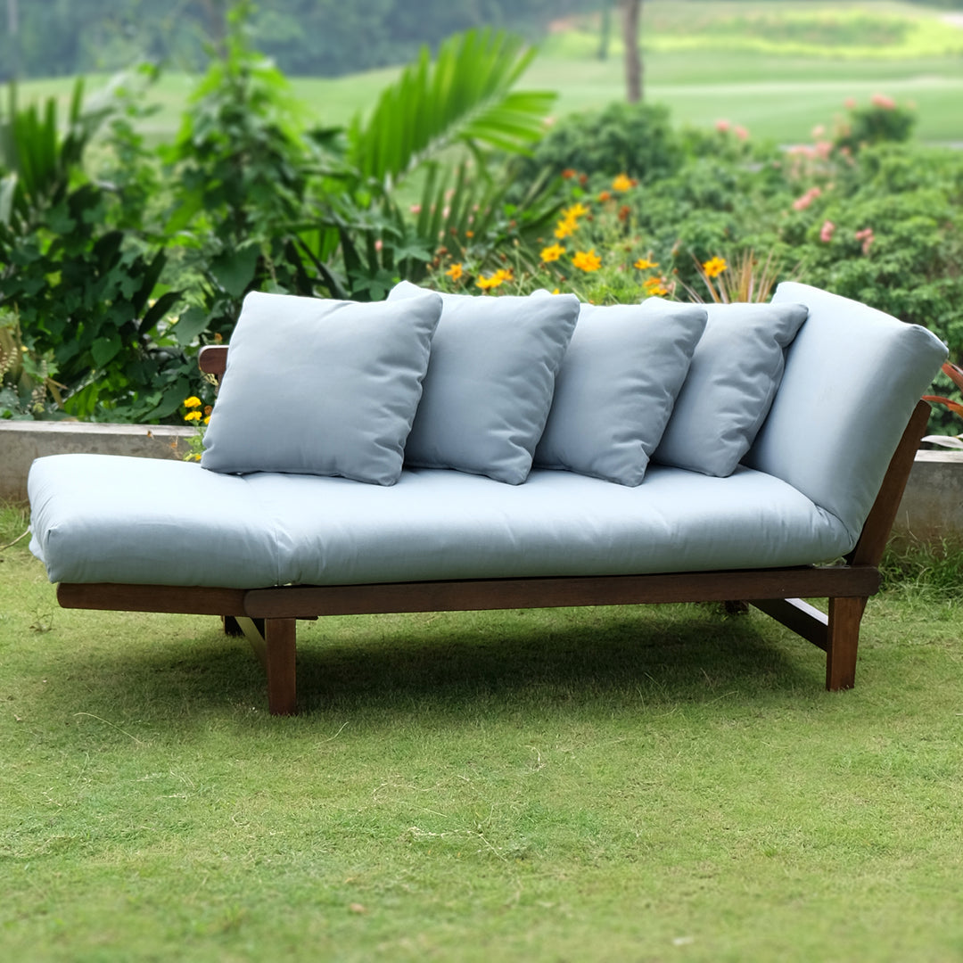 [DETAILS] Carlota Mahogany Wood Outdoor Convertible Sofa Daybed - Natural Brown Wood / Blue Spruce Cushion - Cambridge Casual