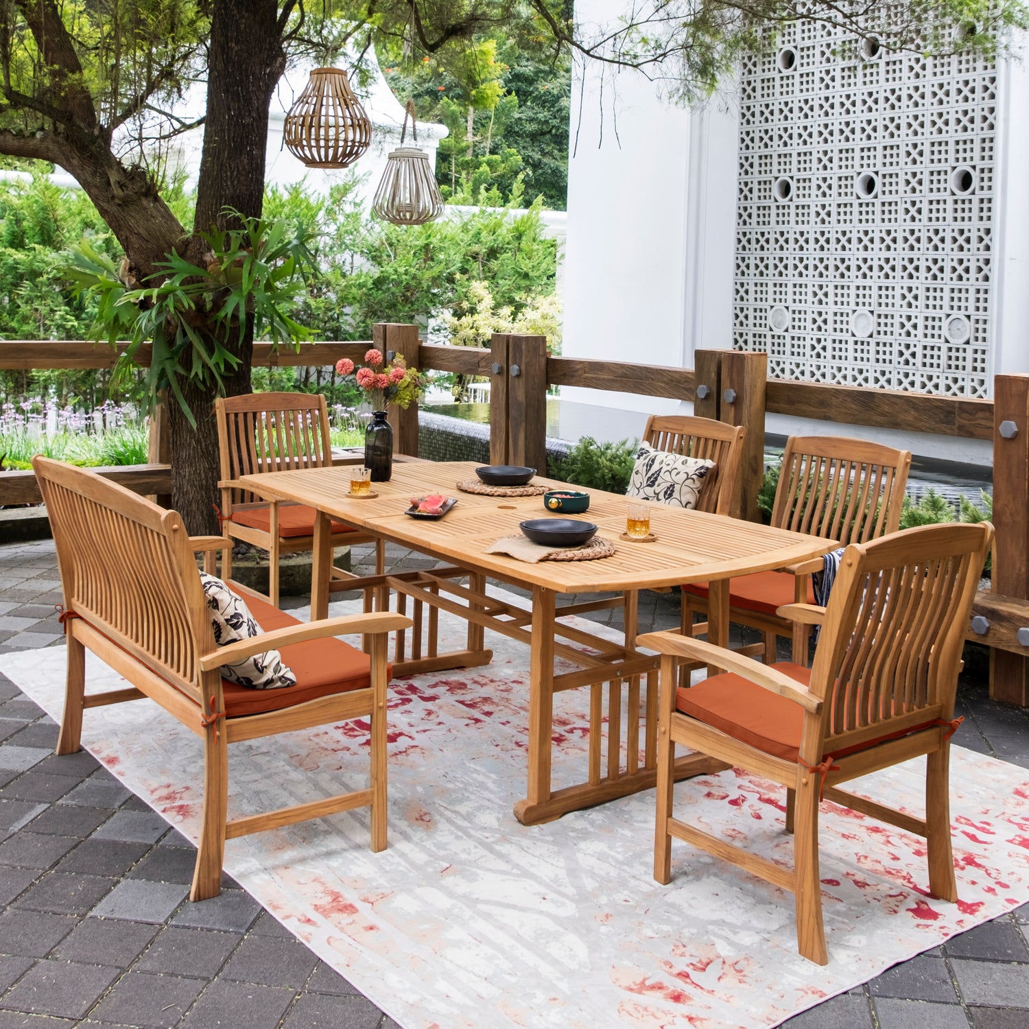 Caterina Teak Wood 6 Piece Outdoor Dining Set with Brick Cushion