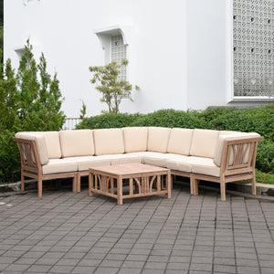 Benton Weathered Brown Teak Wood 8 Piece Patio Sectional Set with Taupe Cushion - Cambridge Casual