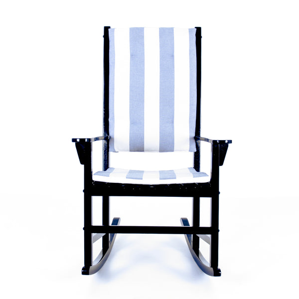 Moni Mahogany Wood Black Porch Rocking Chair with Blue Stripe Cushion