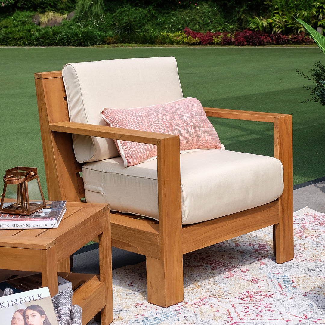 Logan Teak Wood Oversized Outdoor Lounge Chair with Sunbrella Vellum Cushion - Cambridge Casual [DETAILS]