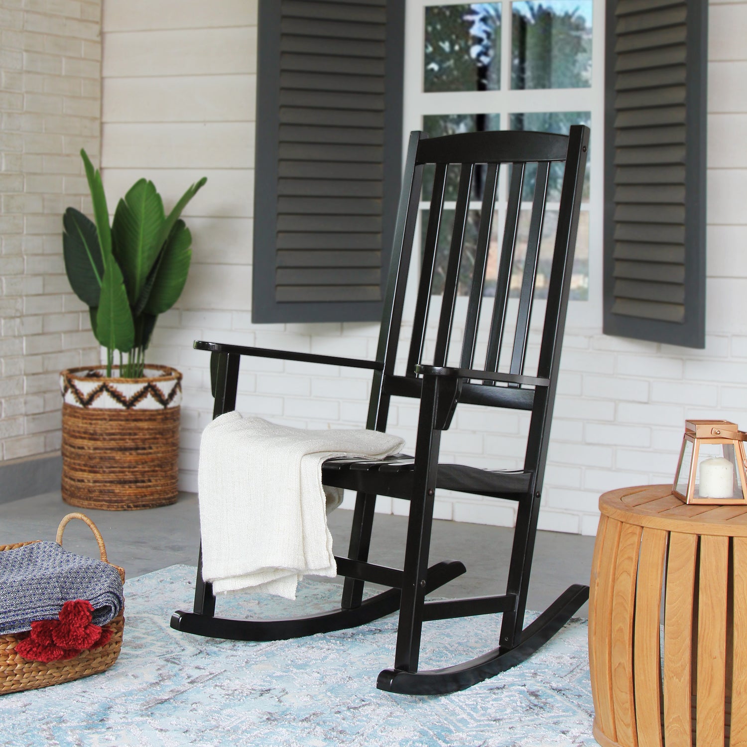 Moni Mahogany Wood Black Porch Rocking Chair with Blue Stripe Cushion - Cambridge Casual