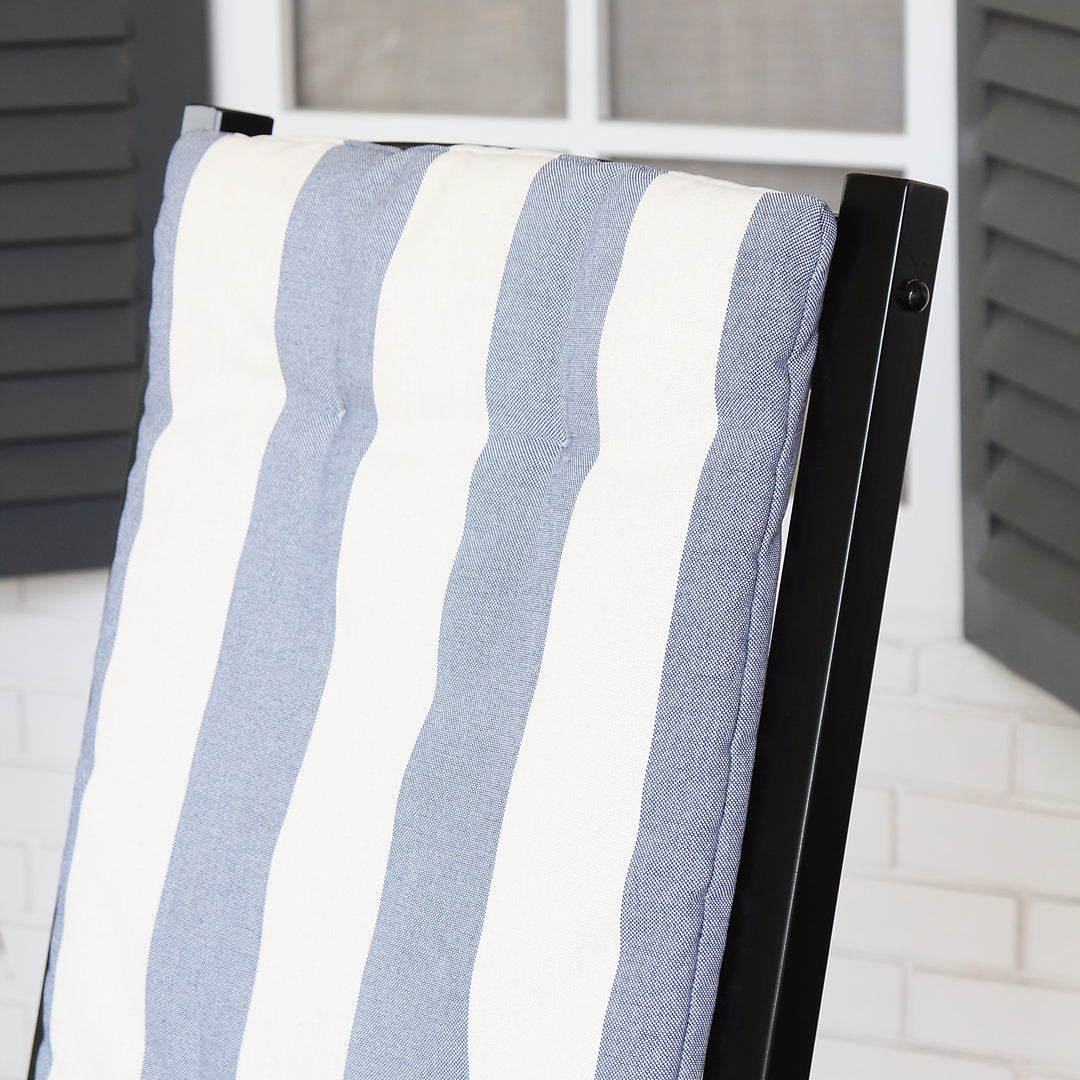 [DETAILS] Moni Mahogany Wood Black Porch Rocking Chair with Blue Stripe Cushion - Cambridge Casual