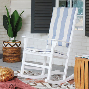 Moni Mahogany Wood White Porch Rocking Chair with Blue Stripe Cushion - Cambridge Casual