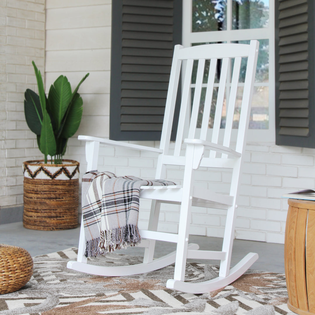 [DETAILS] Moni Mahogany Wood White Porch Rocking Chair with Blue Stripe Cushion - Cambridge Casual