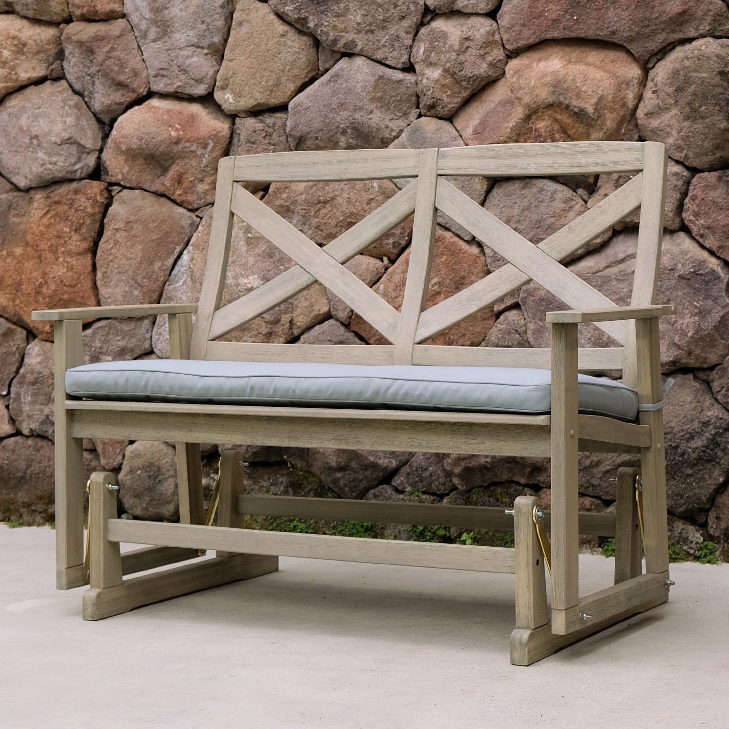 Carlota Mahogany Wood Outdoor Glider Bench with Blue Spruce Cushion - Cambridge Casual