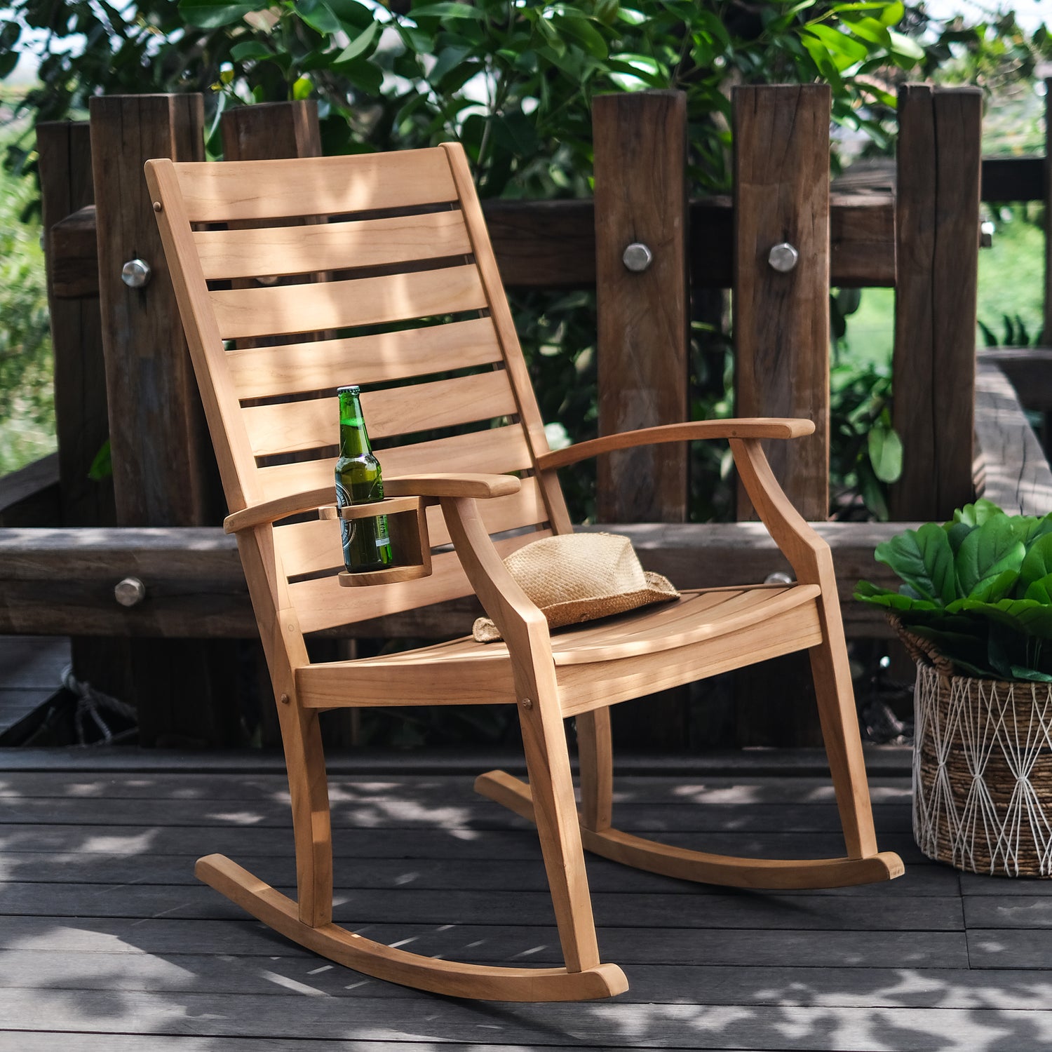 Logan Teak Wood Porch Rocking Chair with Cup Holder - Cambridge Casual [DETAILS]