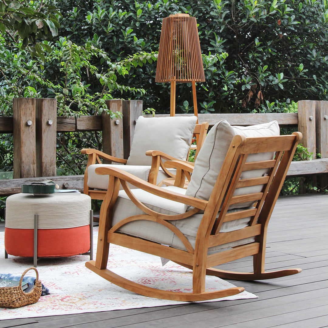 Abbington Teak Wood Outdoor Rocking Chair with Beige Cushion | Patio ...