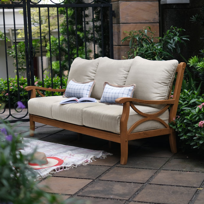 Abbington Teak Wood Patio Sofa with Beige Cushion - Cambridge Casual